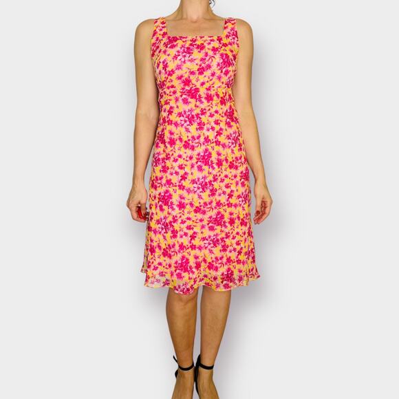 Y2K Bob Mackie Pink Yellow Floral Silk‎ Dress - Picture 2 of 7